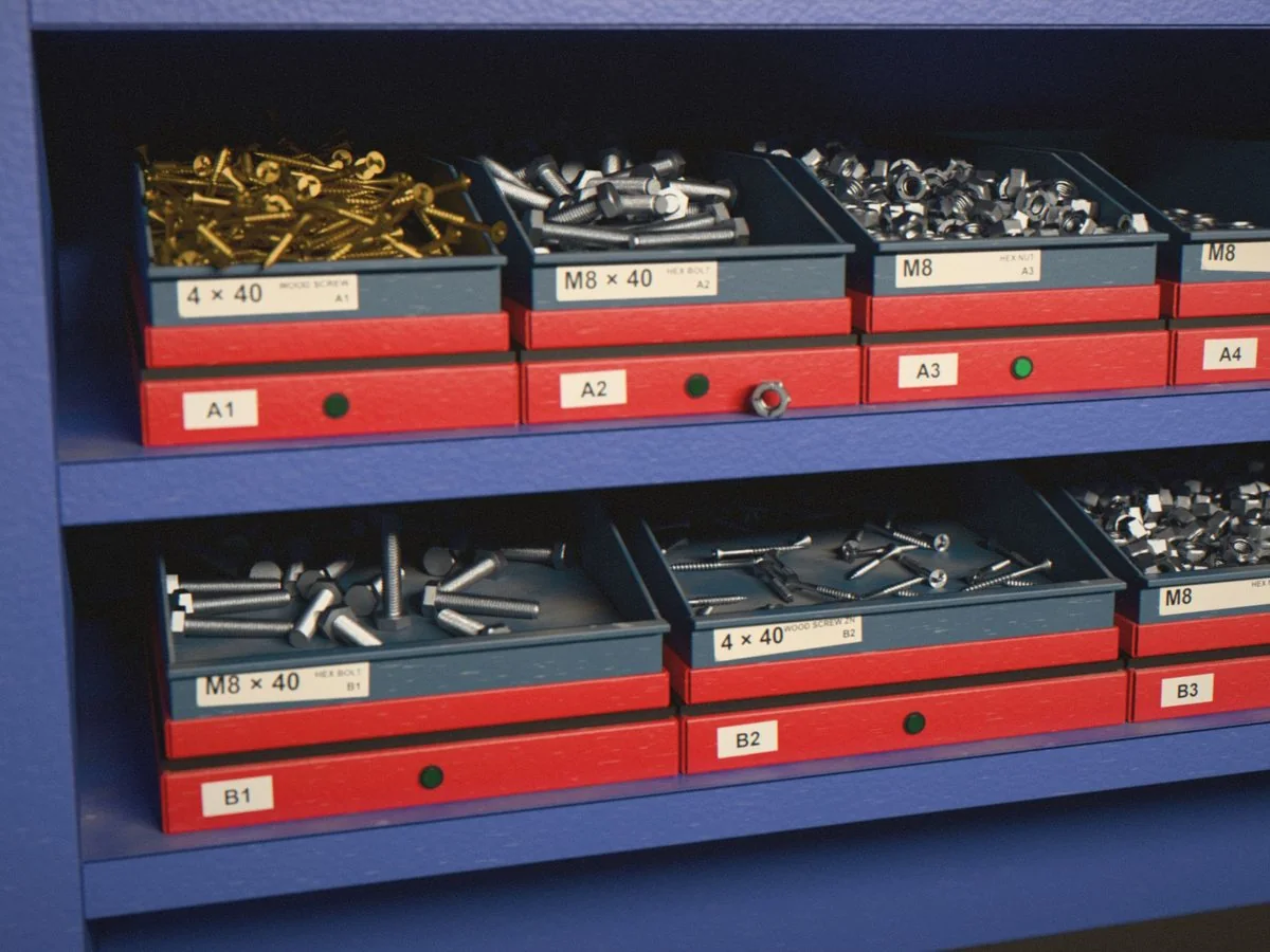 Two shelves of an Inostorage cabinet with bins of screws, bolts, nuts and washers on red weighing cells, render