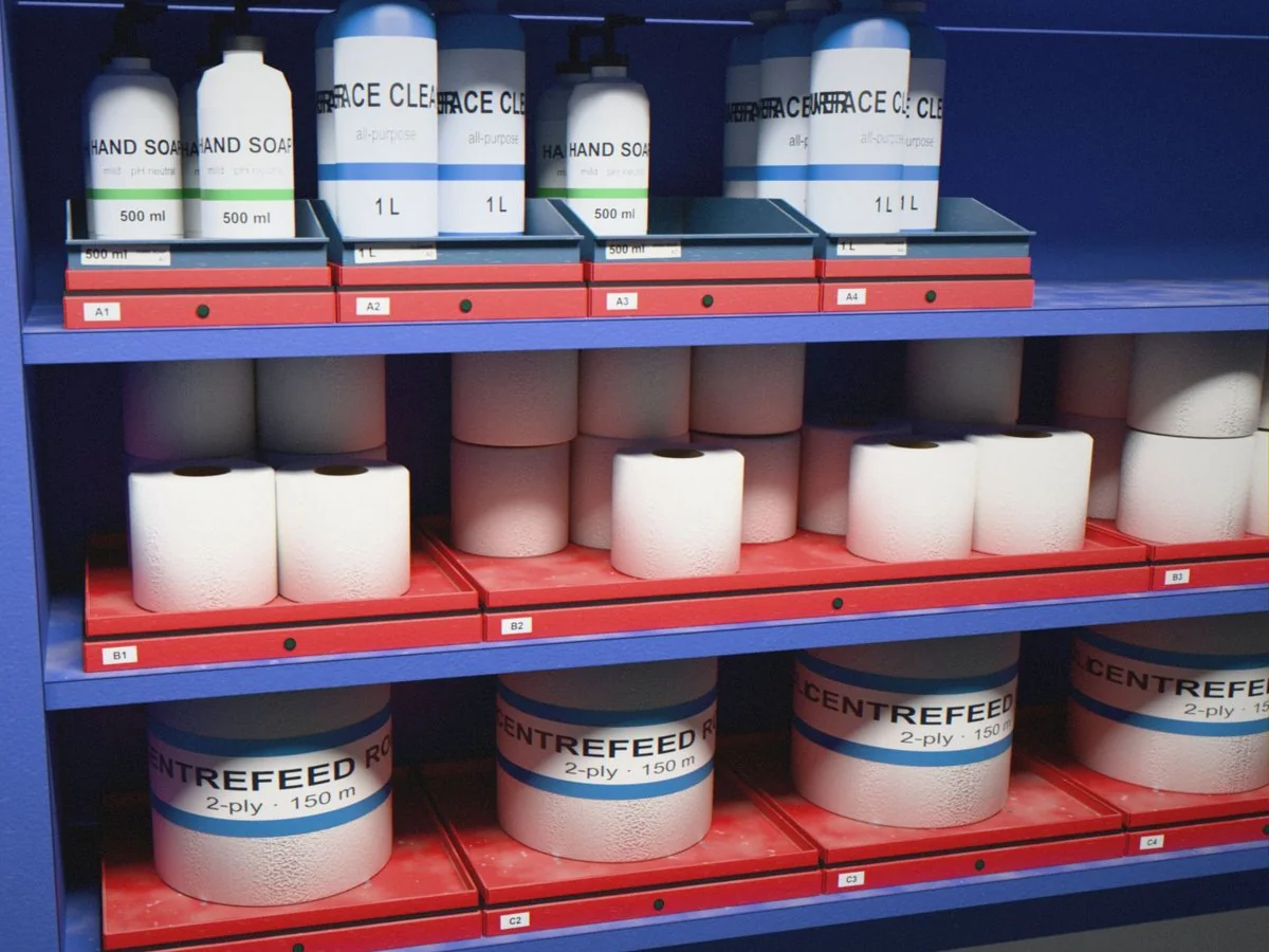 Hand soap and cleaner bottles, toilet rolls and centre-feed rolls on red weighing cells, render