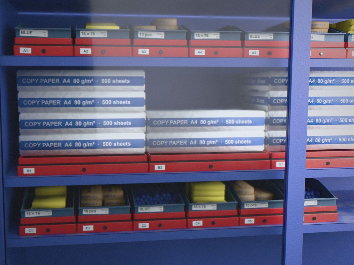 Copy paper reams, pens, sticky notes and boxes of pens behind the glass door of an Inostorage cabinet, render