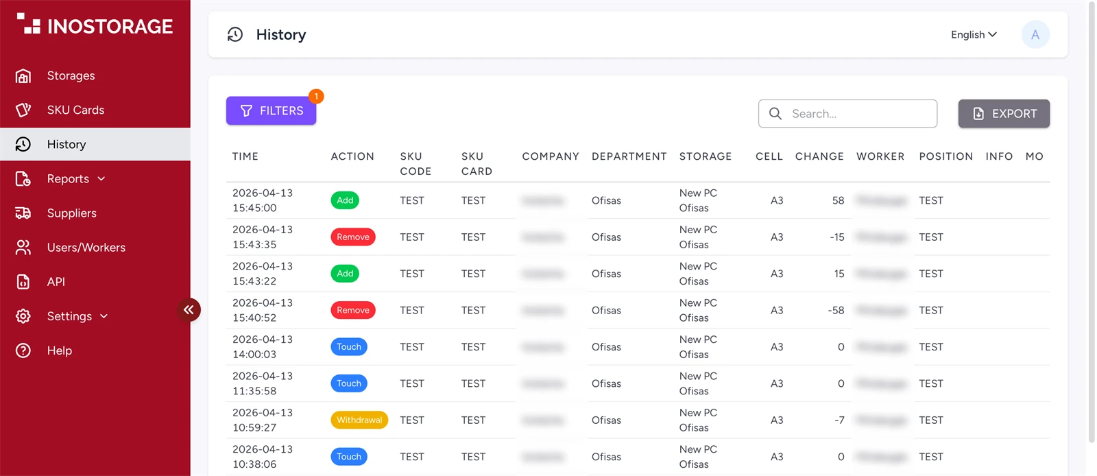 Cloud platform: history of stock changes with time, action, cell, quantity and worker